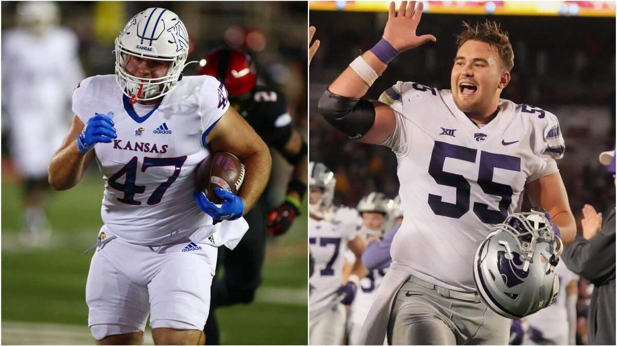 Kansas fullback Jared Casey and K-State offensive lineman Hayden Gillum were once teammates at Plainville High School.