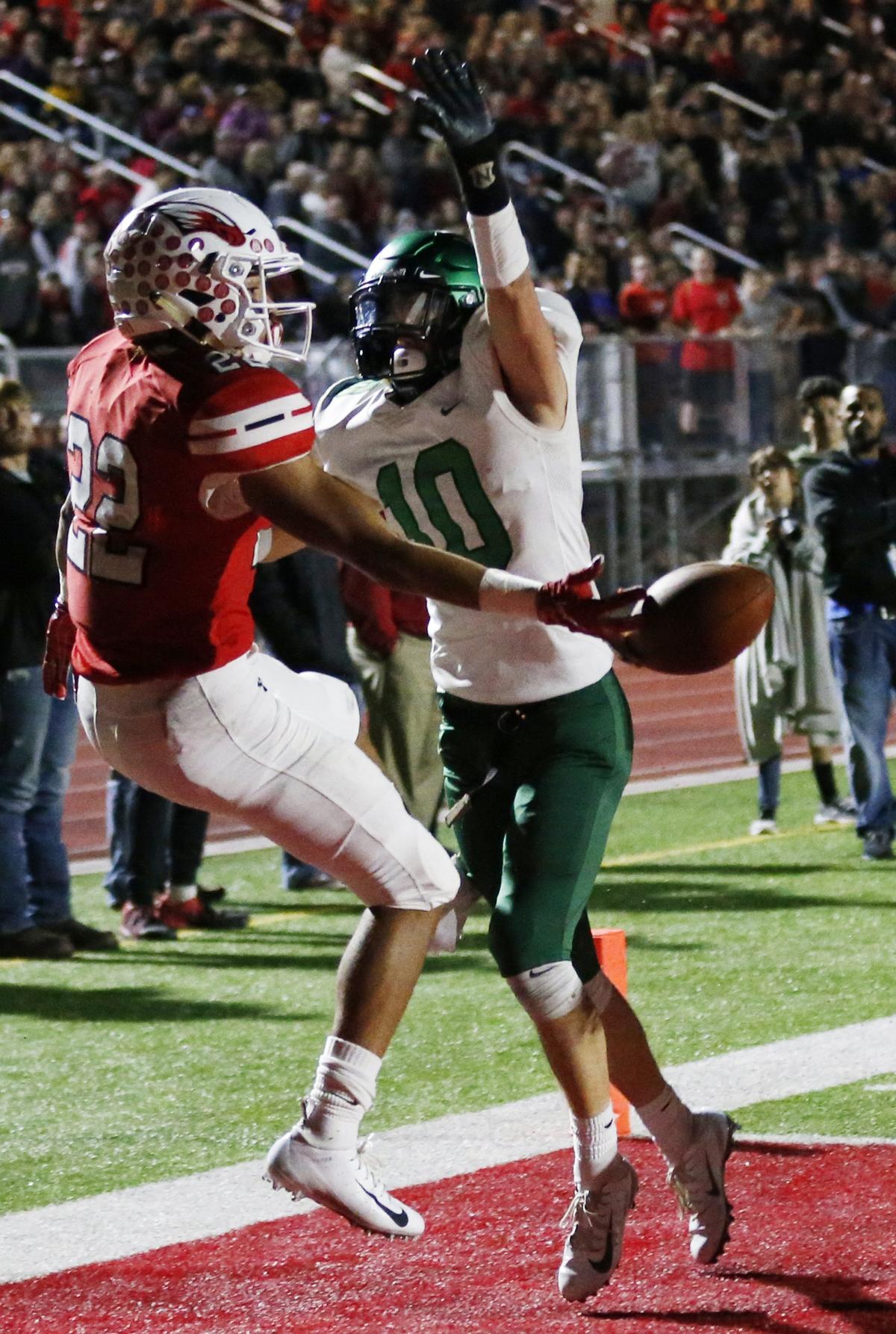 Maize #22 Preven Christon can’t get his hands on a pass from Caleb Grill in the end zone Friday as Maize took on Derby. Derby #10 Dax Benway defended on the play. (October 19, 2018)