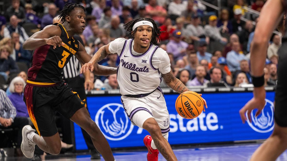 Kansas State Wildcats guard Dug McDaniel drives into the lane in the second half of the Big 12 Championship First Round win vs. the Arizona State Sun Devils on Tuesday, Mar. 11, 2025 at T-Mobile Center.
