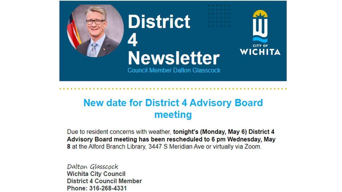 This was the only district advisory board meeting notice I got in May. It’s for Dalton Glascock’s council district, but the picture’s of council member J.V. Johnston.