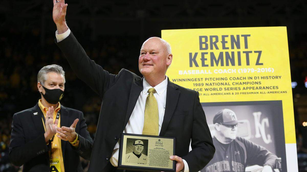 Former Wichita State pitching coach Brent Kemnitz was inducted into the Shocker Sports Hall of Fame during halftime on Saturday.