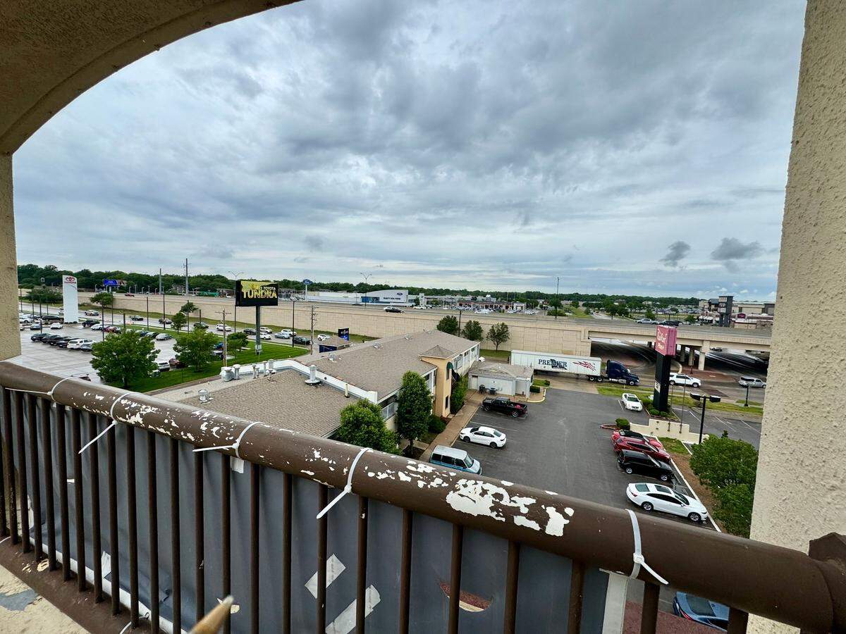 The view of the Kellogg-facing balcony at the Red Roof Plus hotel at 7335 E. Kellogg. On clear days, the Wichita skyline, St. Francis hospital and more can be clearly seen.