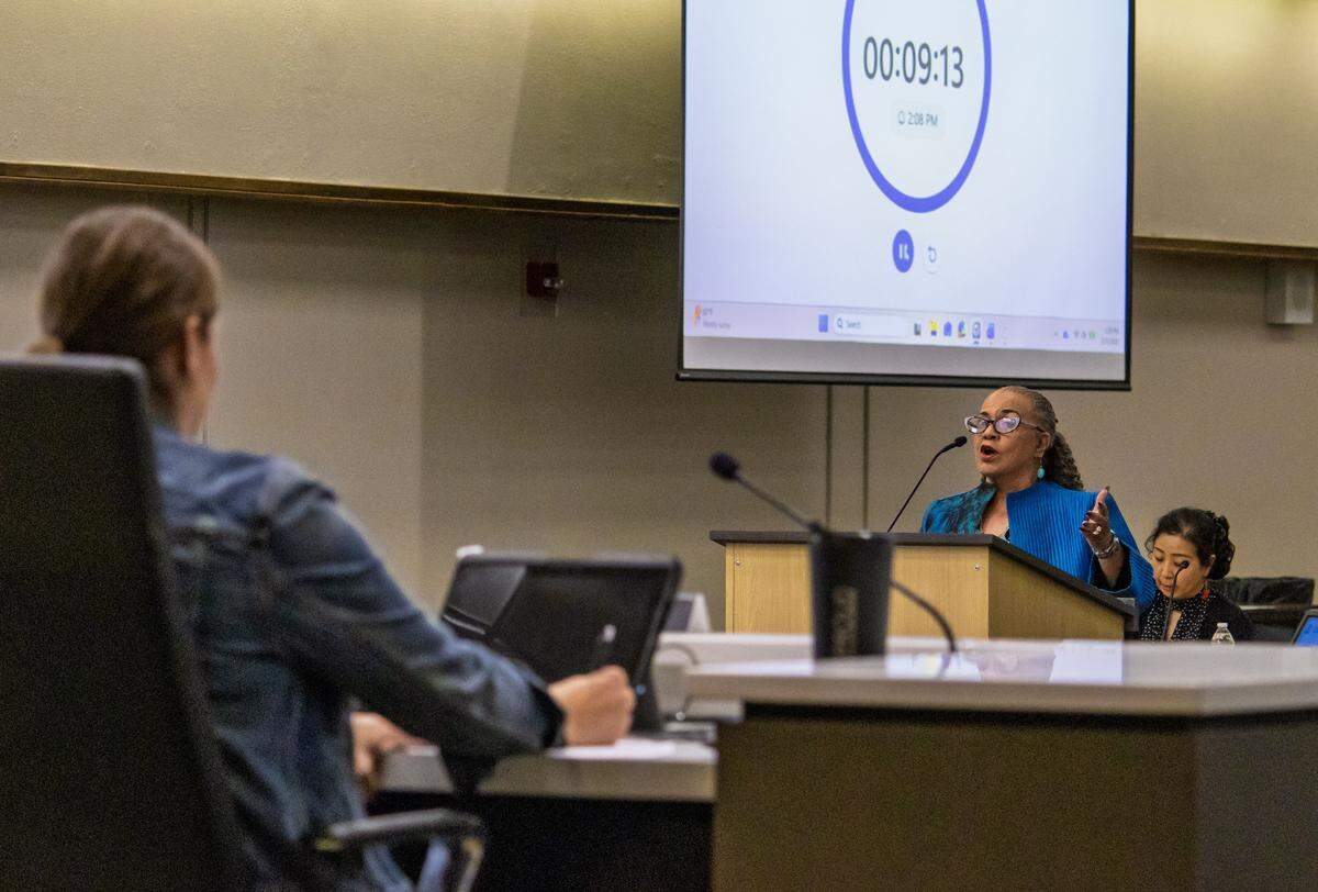 Sheila Kinnard addresses members of the Wichita Public Schools board of education during public interviews held on Friday, March 15. Each of the 10 applicants answered three questions from the board and were allotted 10 minutes to speak.