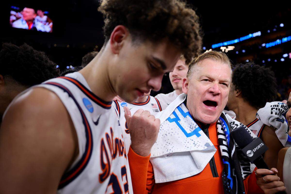 Head coach Brad Underwood of the Illinois Fighting Illini speaks to the media after defeating the Iowa Hawkeyes in the Elite Eight of the 2026 NCAA Men's Basketball Tournament at Toyota Center on March 28, 2026 in Houston, Texas.