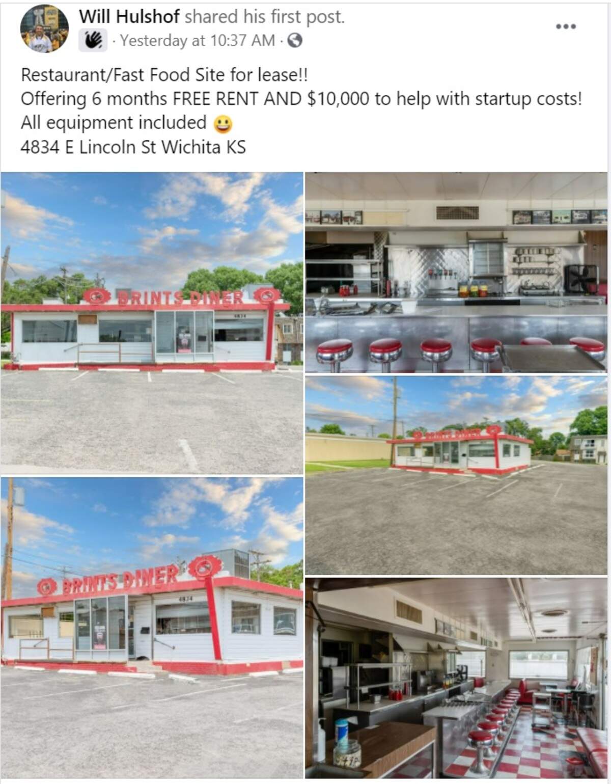 A Facebook post offers incentives for a potential Brint’s Diner tenant.