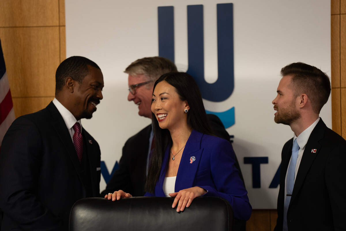 Lily Wu takes the bench after being sworn in as mayor of Wichita in January 2024. Behind her are, left to right, councilmen Brandon Johnson, J.V. Johnston and Dalton Glasscock. Johnston and Glasscock were also sworn in.