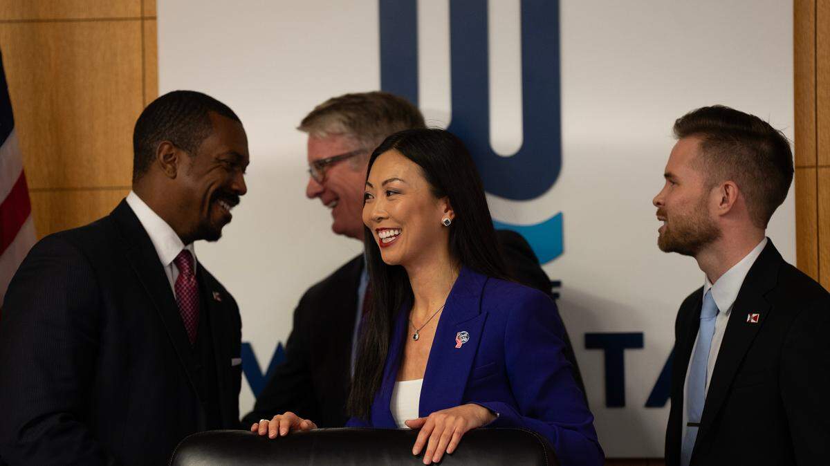 Lily Wu takes the bench after being sworn in as mayor of Wichita early in 2024. Behind her are, left to right, councilmen Brandon Johnson, J.V. Johnston and Dalton Glasscock.