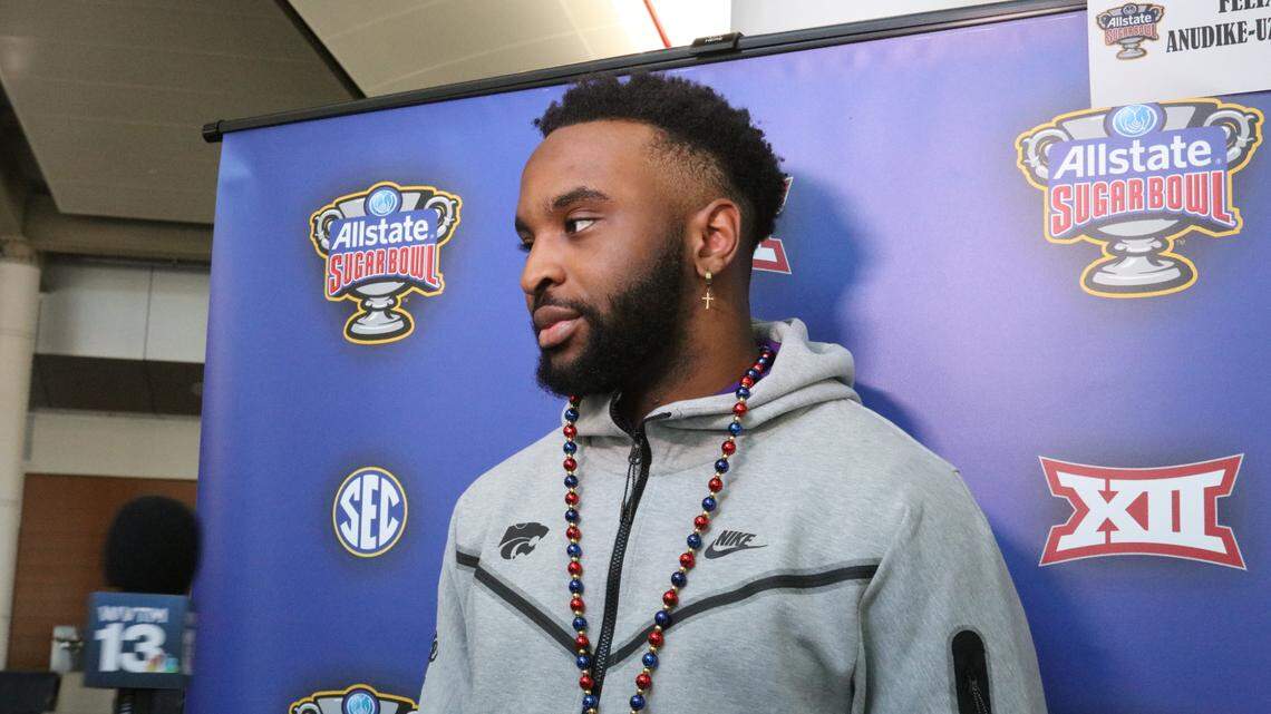 Kansas State defensive end Felix Anudike-Uzomah speaks at a Sugar Bowl news conference in New Orleans.