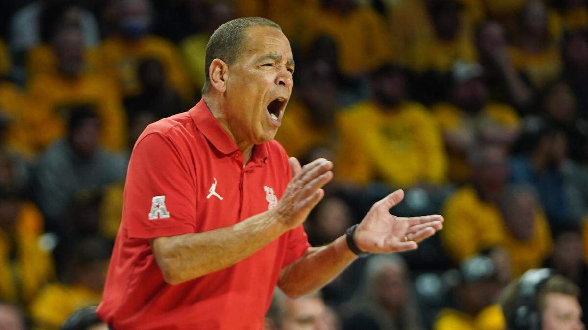 University of Houston head men’s basketball coach Kelvin Sampson yells during their game against Wichita State at Koch Arena.