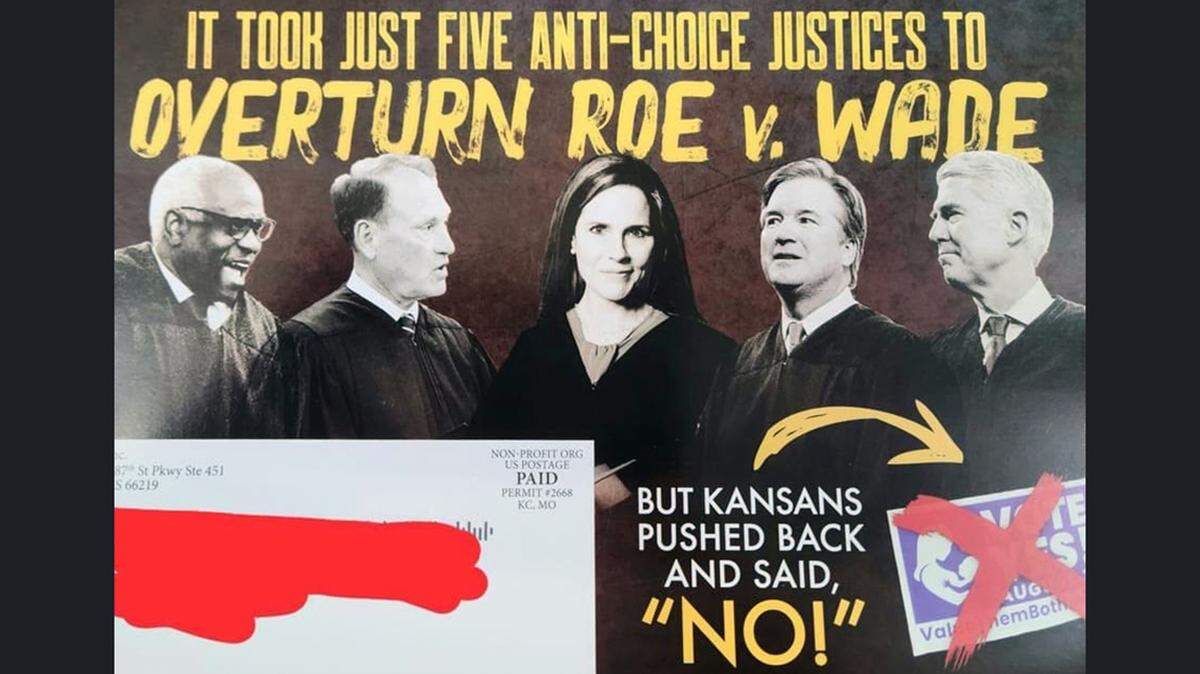 A flyer hitting mailboxes falsely says a no vote Nov. 8 on retaining Kansas Supreme Court justices would protect reproductive freedom. The opposite is true.
