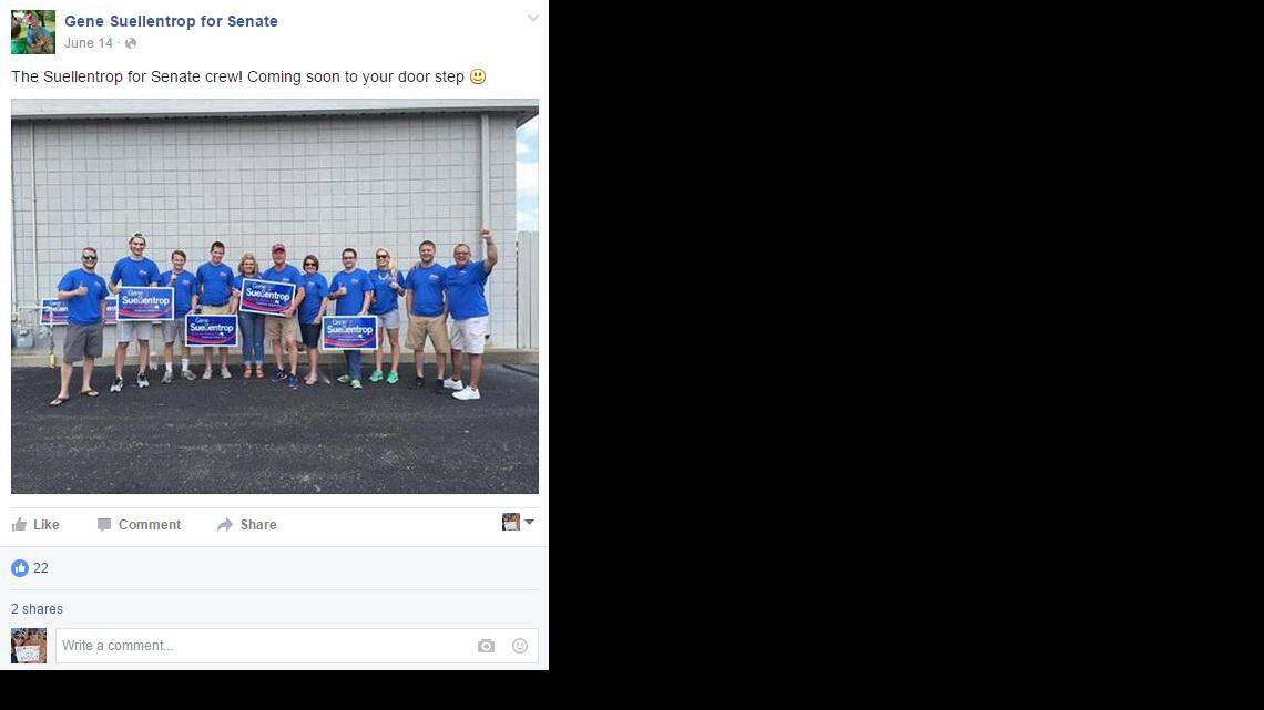 Rep. Gene Suellentrop, R-Wichita, who is seeking the vacant seat in Senate District 27, posted a photo of himself and 10 campaign door walkers on Facebook last month with a message saying, “The Suellentrop for Senate crew! Coming soon to your door step.”
The photo, posted on June 14, a Tuesday, includes Ashley Moretti (third from right), a member of Brownback’s staff, and Eric Turek (second from left), who works for Senate President Susan Wagle, R-Wichita.