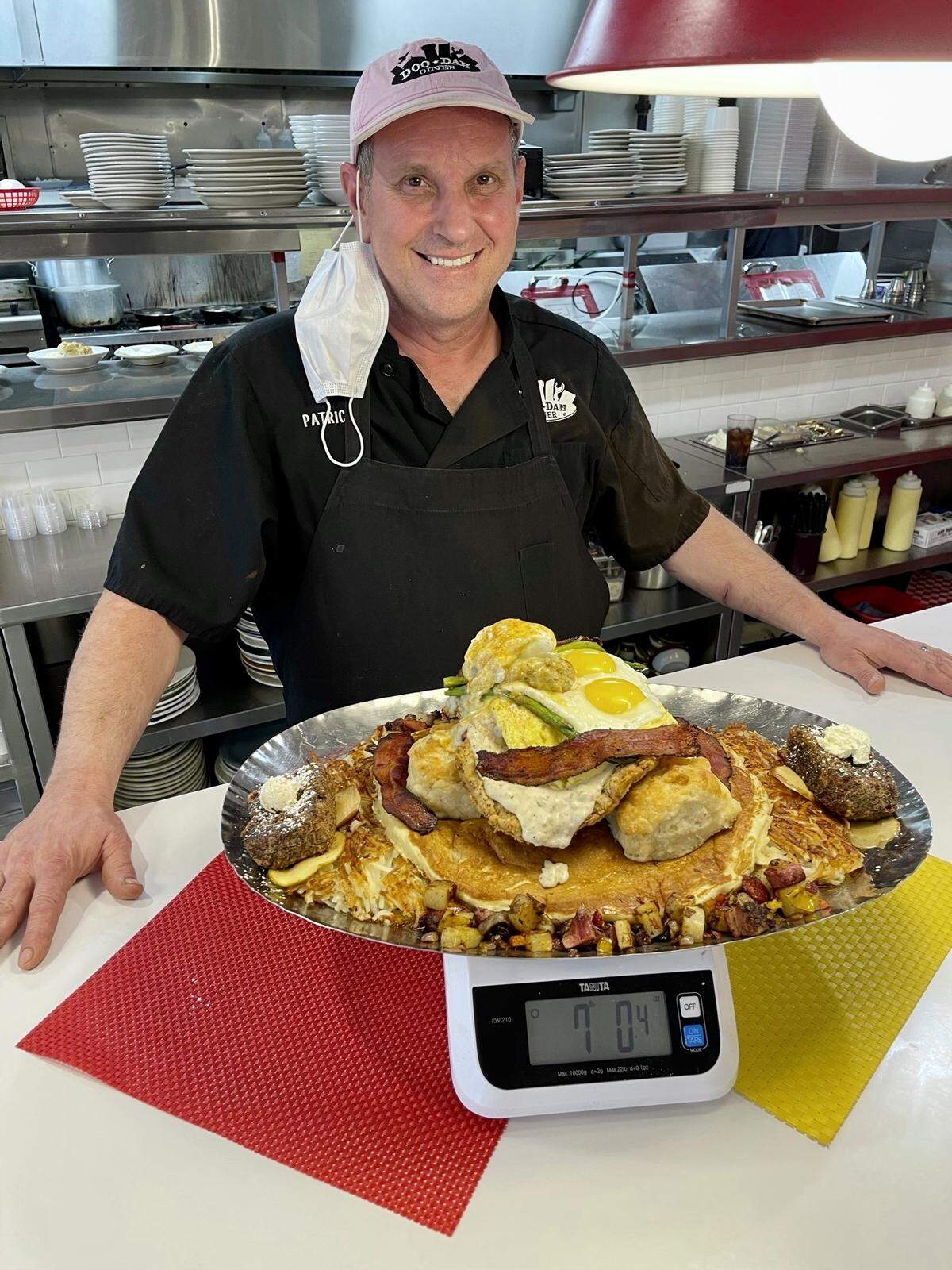 On Friday, professional eater Randy Santel will try to finish this 7-pound pile of breakfast prepared by Chef Patrick Shibley at Doo-Dah Diner.