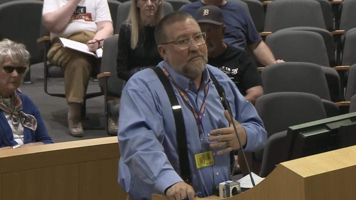 SEIU business representative Esau Freeman speaks at the Wichita City Council meeting on Aug. 8, 2024 where the 2025-26 union contract was approved.