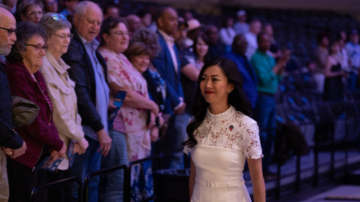 Wichita Mayor Lily Wu walks through the crowd before delivering the State of the City address at Century II.
