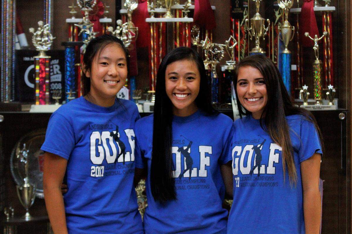 Andover’s Tiffany Chan (left), Kelsey Hawley (center) and Madison Slayton (right) are poised to lead the Trojans toward another successful girls golf season.