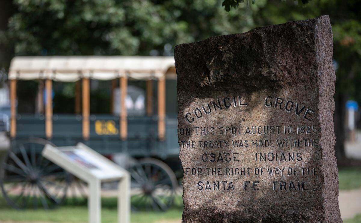 A stone marker in Council Grove designates a spot where Osage Indians and traders agreed on usage of the Santa Fe Trail. Council Grove was an important stop along the Santa Fe Trail after it became a popular trade route between the United States and Mexico in 1921. 