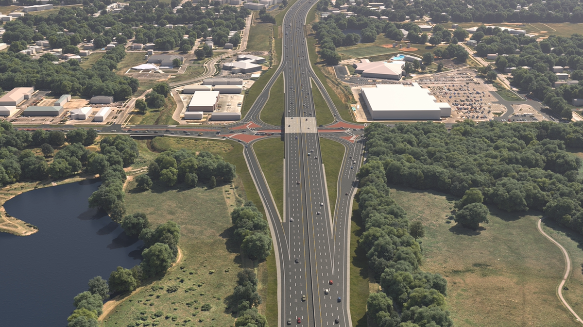 Proposed concept for a diverging diamond interchange at K-96 and Woodlawn. In this style of interchange, signalized crossing lanes minimize conflict points by eliminating left turns against oncoming traffic.