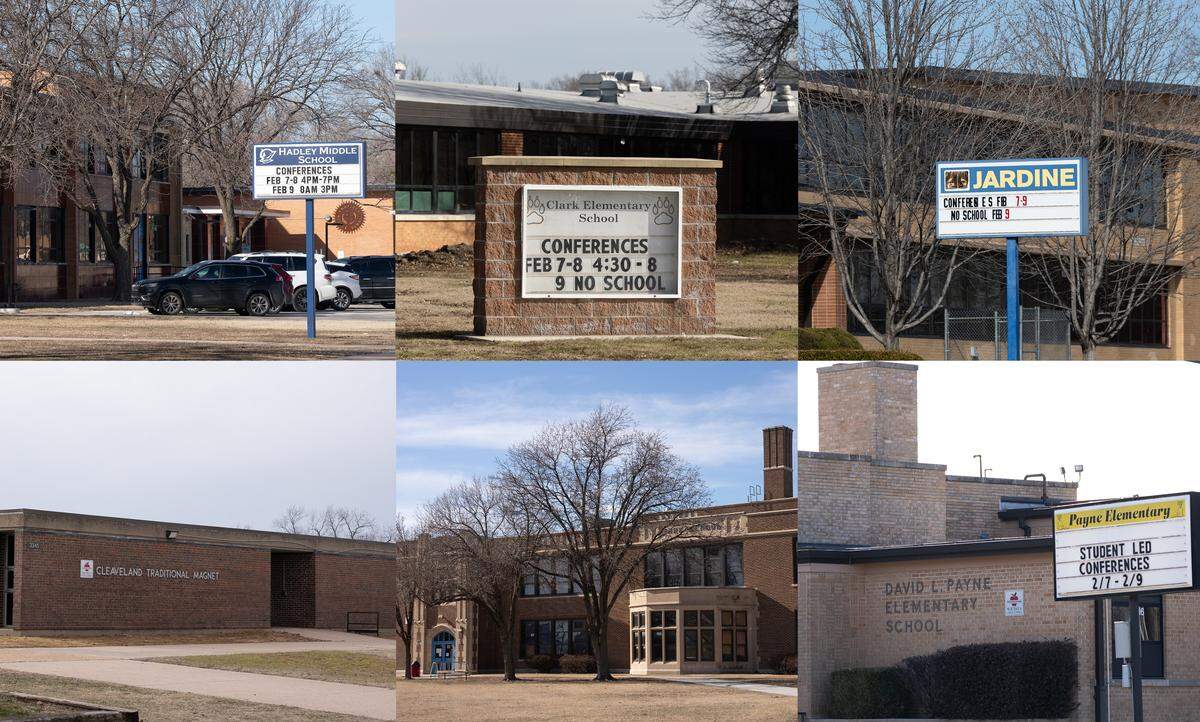The Wichita school board heard a district staff proposal on Feb. 12, 2024, to close four elementary schools and two middle schools at the end of the semester. Top row: Hadley Middle School, Clark Elementary School and Jardine STEM & Career Explorations Magnet Middle School. Bottom row: Cleaveland College and Career Readiness Magnet Elementary School, Park Elementary and Payne Elementary.