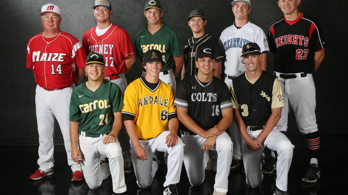 All Metro Baseball team from left (front row): A.J. Peters, 2nd base, Carroll; Caleb Hitt, outfield, Andale/Garden Plain;  Jackson Hartley, utility, Campus; Cooper Elliot, shortstop, Andover Central;  (back row) Rocky Helm, Maize, Coach of the Year; Micah Grover, 3rd base, Cheney;  Brady Bockover, pitcher, Carroll; Brody Hanna, 2nd base, Maize South;  Corbin Lill, utility, Clearwater; Jordan Ellison, utility, Heights .