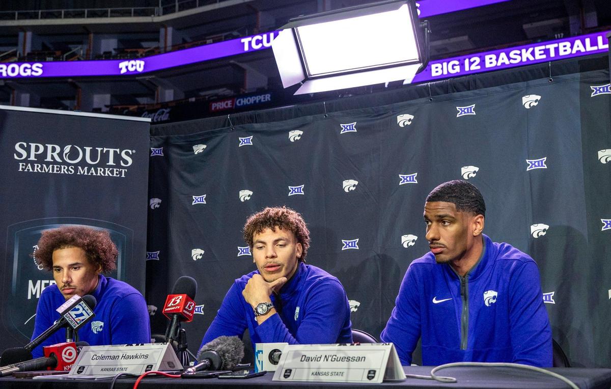 Kansas State men’s basketball players Max Jones, from left, Coleman Hawkins and David N’Guessan answered questions from media members during Big 12 Men’s Basketball Media Day at T-Mobile Center on Wednesday, October 23, 2024.