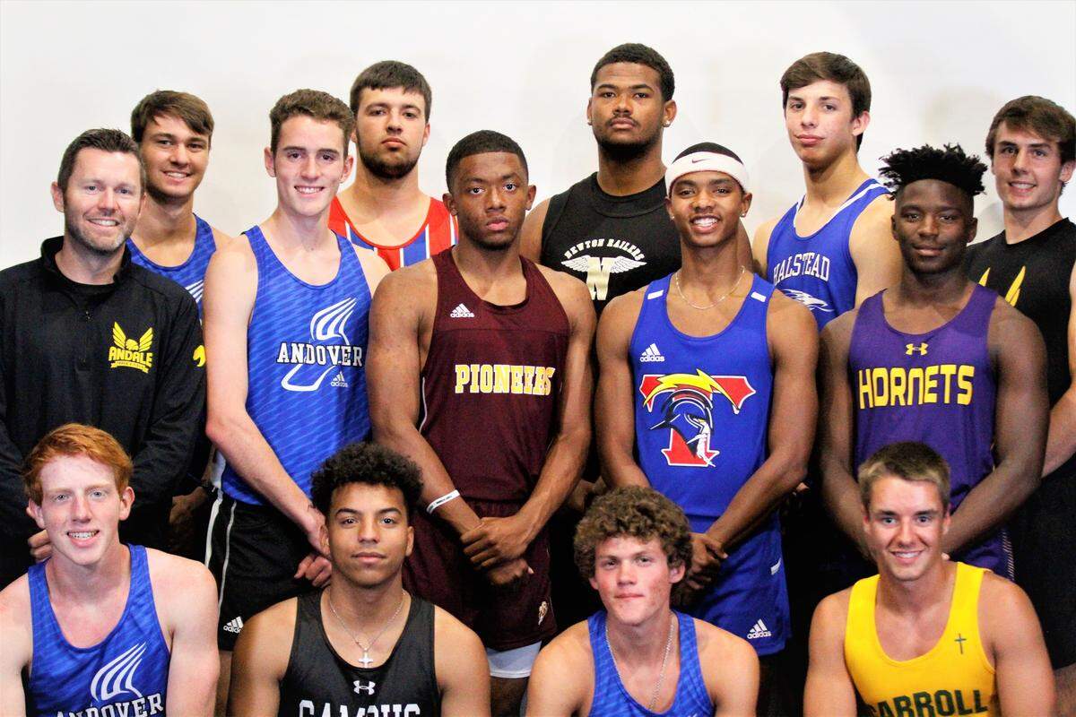 The Wichita Eagle’s 2019 All-Metro Boys Track and Field Team: (back row, from left) Andover’s Josh Jackson, Cheney’s Trey Patterson, Newton’s Damarius Peterson, Halstead’s Andrew O’Brien, Andale’s Easton Hunter, (middle row) Andale coach Tyler Ryan, Andover’s Asher Moen, Wichita West’s Jaleel Montgomery, Wichita South’s Deron Dudley, Valley Center’s Larry Wilson, (front row) Andover’s Ryan Kinnane, Campus’ Cameron Harvey, Andover’s Samuel McDavitt, Bishop Carroll’s Ethan Hull