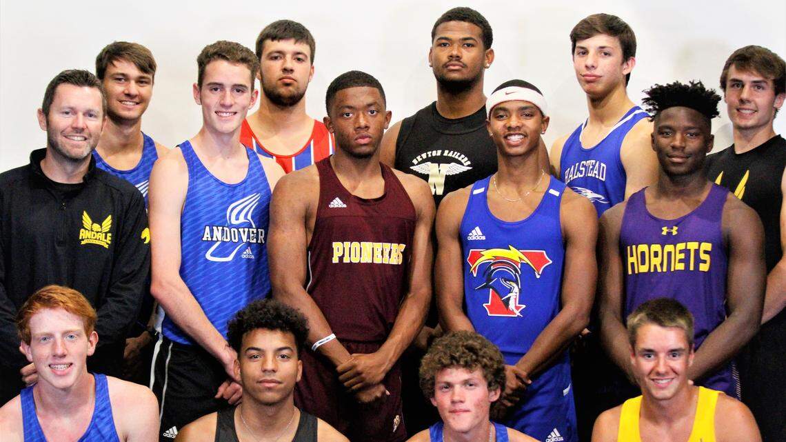 The Wichita Eagle’s 2019 All-Metro Boys Track and Field Team: (Back row) Andover’s Josh Jackson, Cheney’s Trey Patterson, Newton’s Damarius Peterson, Halstead’s Andrew O’Brien, Andale’s Easton Hunter, (Middle row) Andale coach Tyler Ryan, Andover’s Asher Moen, Wichita West’s Jaleel Montgomery, Wichita South’s Deron Dudley, Valley Center’s Larry Wilson, (Front row) Andover’s Ryan Kinnane, Campus’ Cameron Harvey, Andover’s Samuel McDavitt, Bishop Carroll’s Ethan Hull