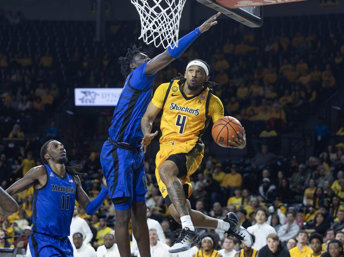 Wichita State’s TJ Williams drives to the basket against Memphis during the second half at Koch Arena on Saturday.