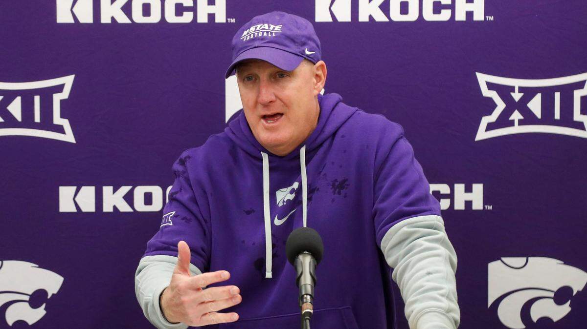 Kansas State Wildcats head coach Chris Klieman speaks with the media after defeating the West Virginia Mountaineers at Mountaineer Field at Milan Puskar Stadium.
