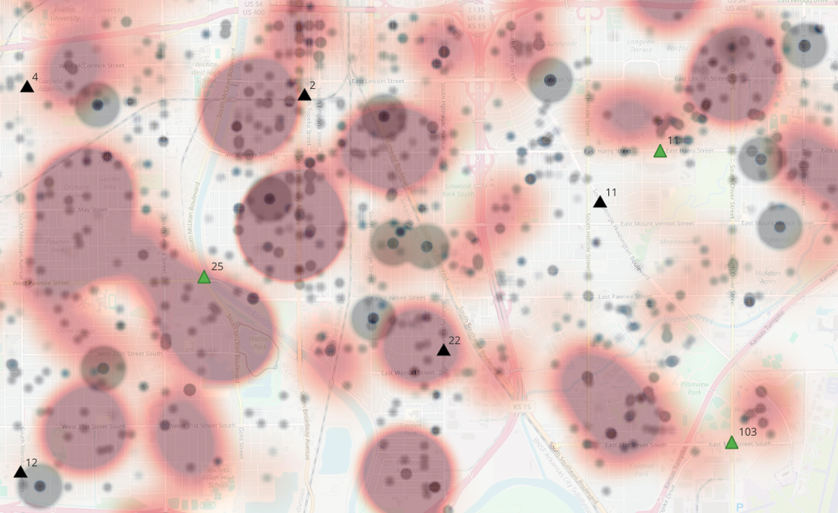 The area south of Kellogg from Meridian to Hillside has some of the highest population densities with response time problems. Nine fire-related deaths occurred in the area from 2015 to 2024 along with a high concentration of injuries and property damage. The areas shaded red have slow response times while dots are fire injuries and major property damage. The dark colored dots with dark shading around them are fire-related deaths. Existing stations are black triangles; proposed stations are green triangles.