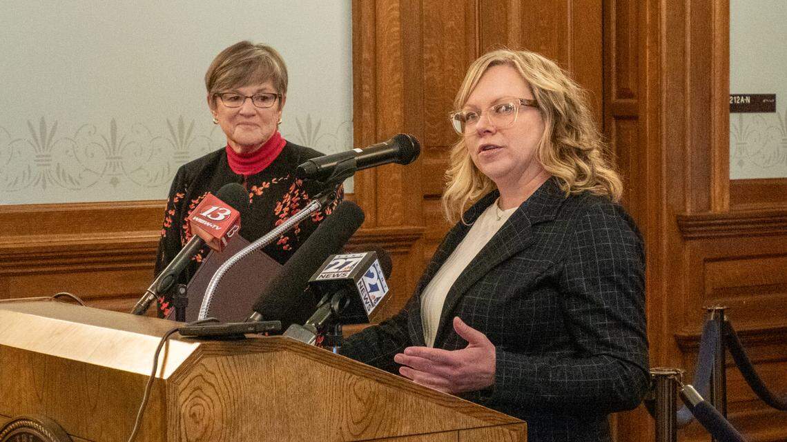 Kansas Gov. Laura Kelly, left, and Kansas Department of Labor secretary Amber Shultz announce the launch of the state’s new online unemployment system Nov. 22, 2024, at the Statehouse in Topeka. Agency staff say the new system has allowed them to identify 8,526 overpayments made since Jan. 1, 2019.