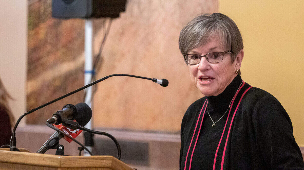 Gov. Laura Kelly signed a bipartisan bill approved overwhelmingly by the House and Senate that alters state law on criminal offenses of purchasing sexual relations, use of laser pointers and theft of a vehicle or gift card. In this Jan. 14, 2026, image, Kelly speaks during a rally in the Kansas Capitol.