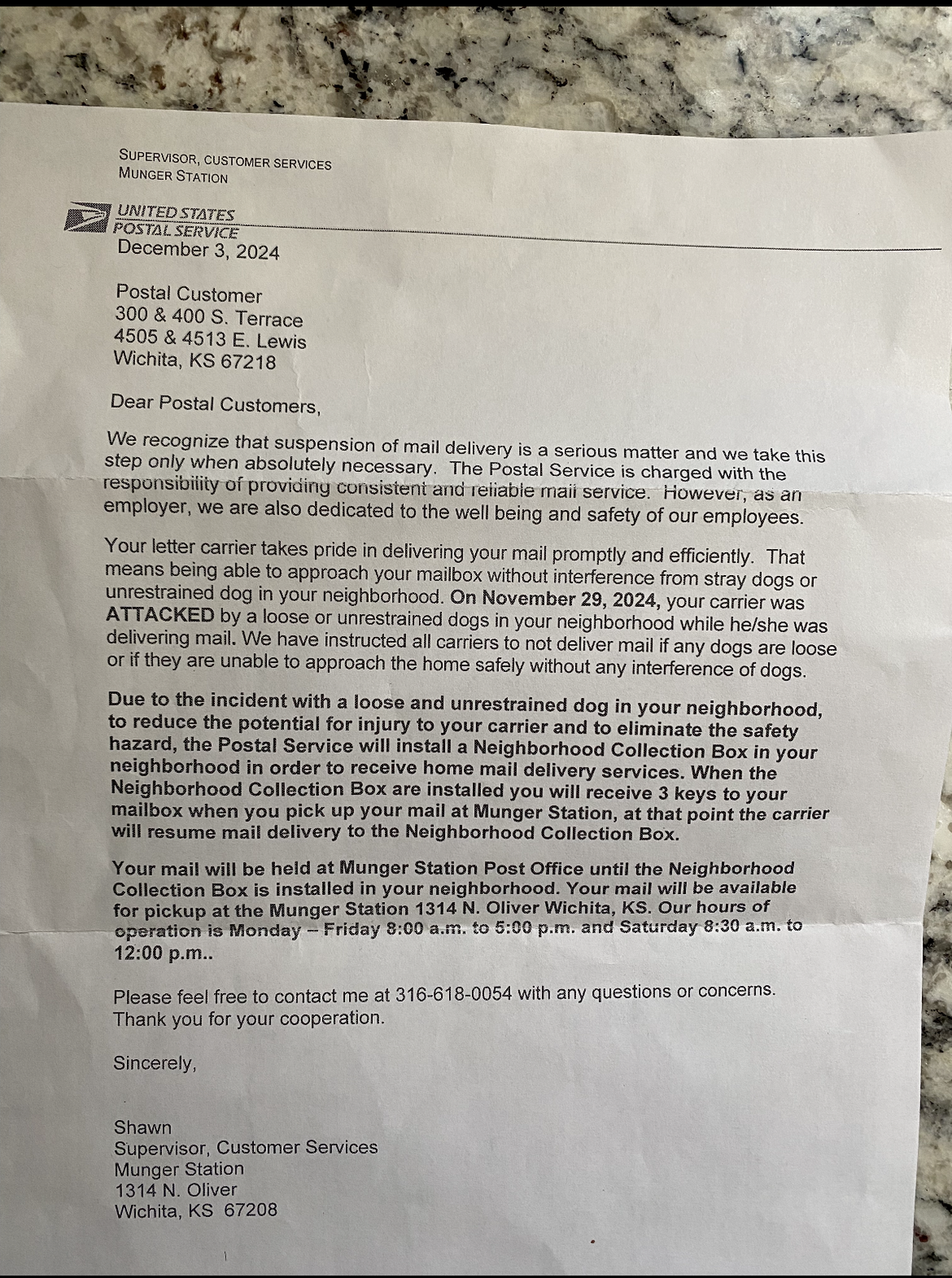 Carol Bacon shared this letter from the U.S. Postal Service detailing the reason for suspended mail delivery service on her street.
