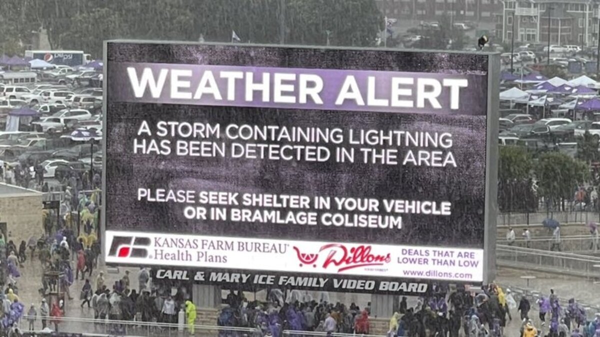 Rain falls at Kansas State’s Bill Snyder Family Stadium.