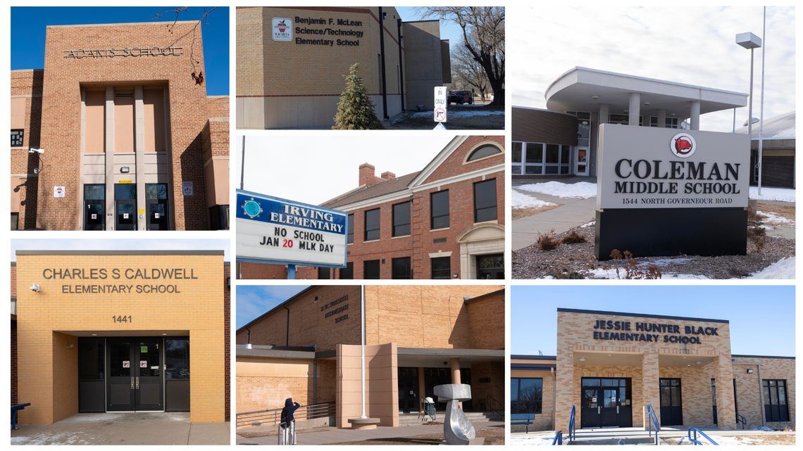 Photo collage of the seven schools that would be rebuilt under the Wichita school district’s proposed $450 million bond issue. The election is Tuesday.