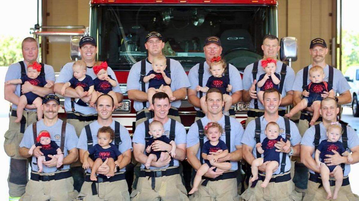 Fifteen babies were born to firefighters at the Waxahachie Fire Department in Texas in just over a year’s time.  Two of the babies are not pictured.