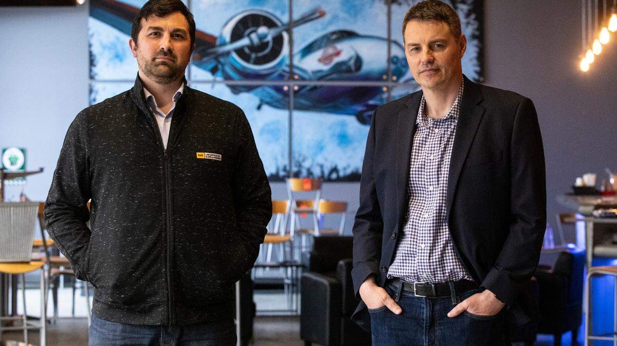 Jon Voegeli, left, and Phil Slape of the law firm Slape & Howard stand in the former Aero Plains Brewing space in Delano. The firm bought the building and will move its offices there but keep the bar area intact for the firm’s use and possible event rentals for the community.