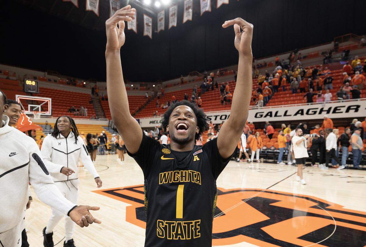 Wichita State’s Kenyon Giles celebrates after the Shockers defeated Oklahoma State in their NIT second round game on Sunday night in Stillwater.