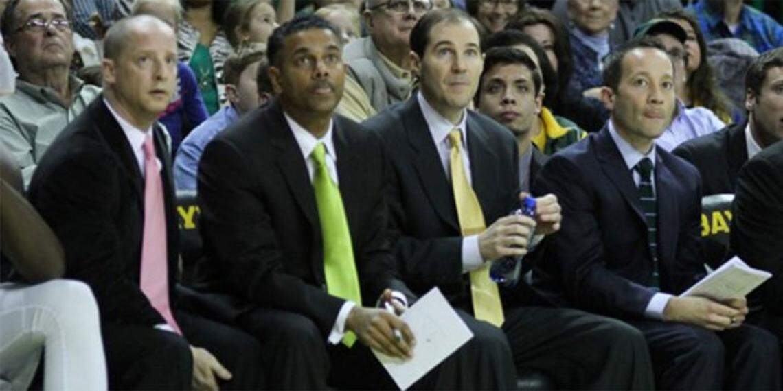 Paul Mills (left) and Jerome Tang (middle) have remained like “brothers” since coaching 14 years together at Baylor under head coach Scott Drew (right).