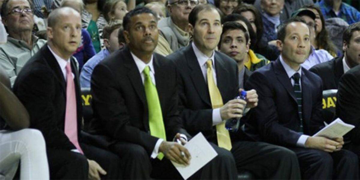 Paul Mills (left), Jerome Tang, Scott Drew and Grant McCasland (right) were on the same coaching staff at Baylor. They are all now head coaches.