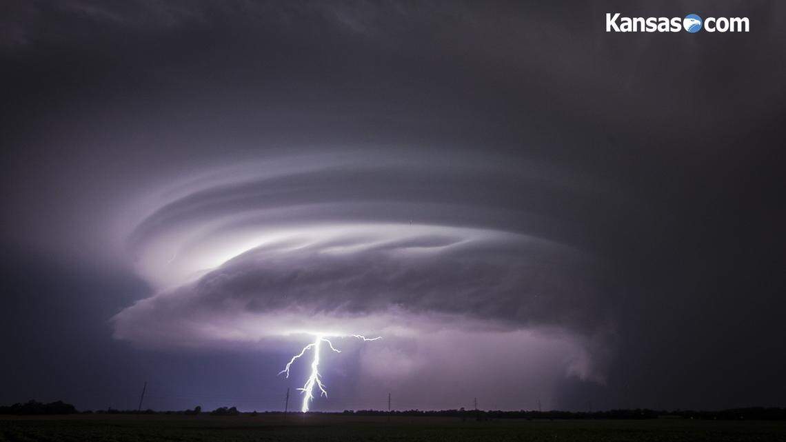 Lightning strikes from storms southwest of Wichita on Tuesday night. The line of storms moved into south-central Kansas after a tornado was reported in Greenwood County a few hours earlier. (June 26, 2018)