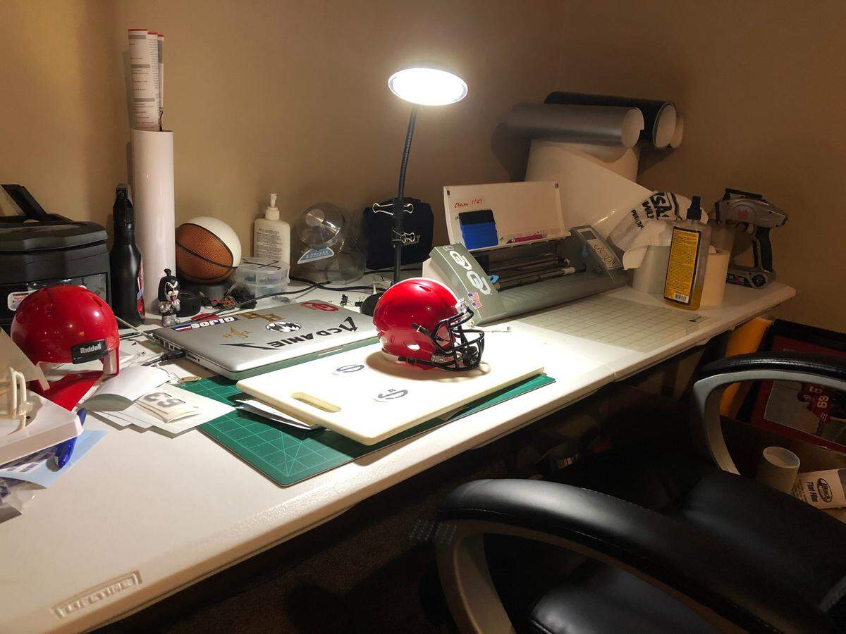 McDaniel works mostly out of his basement, where he has a complete desk and decal printer.