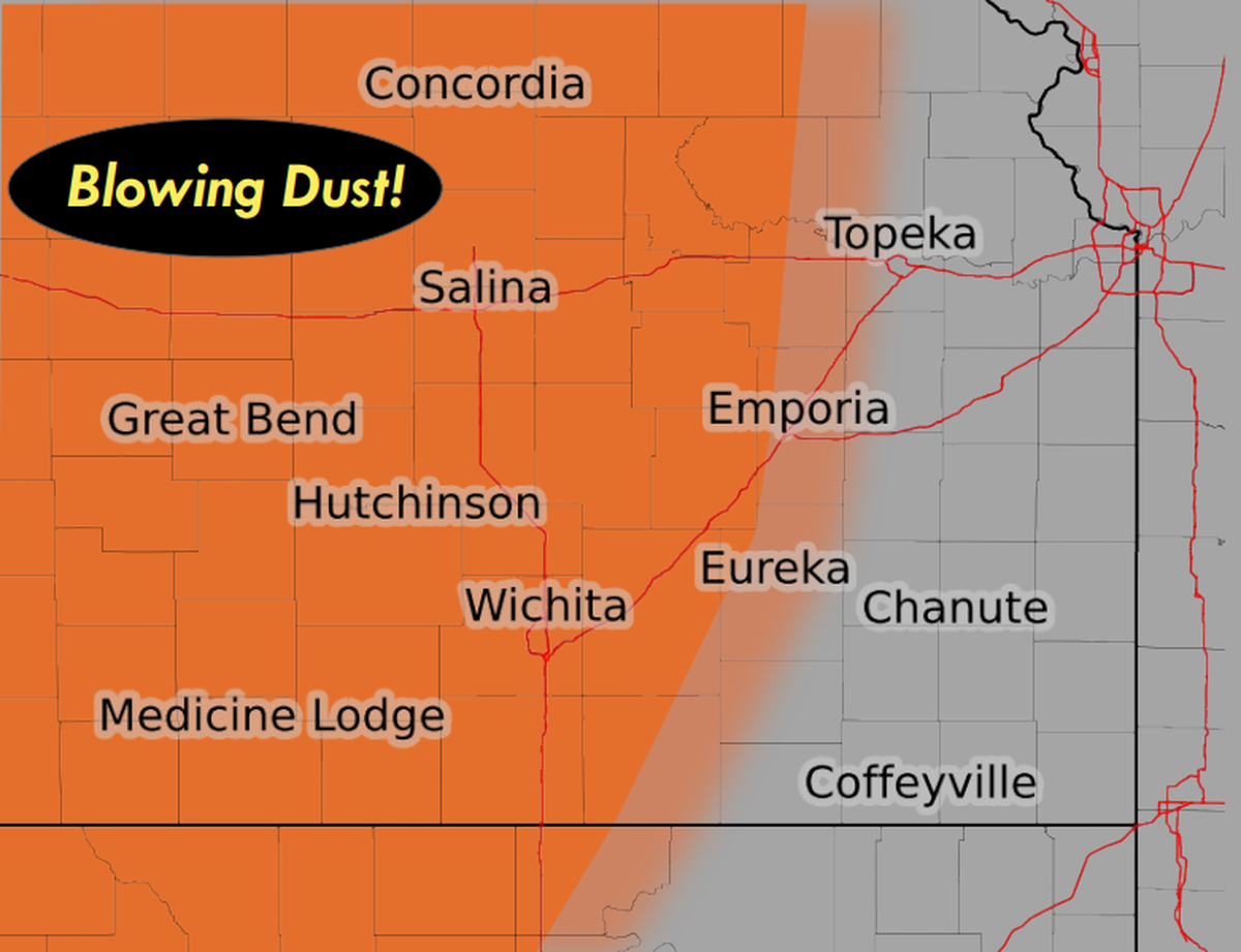 The National Weather Service in Wichita provided this graphic showing areas expected to be affected by blowing dust on Thursday.