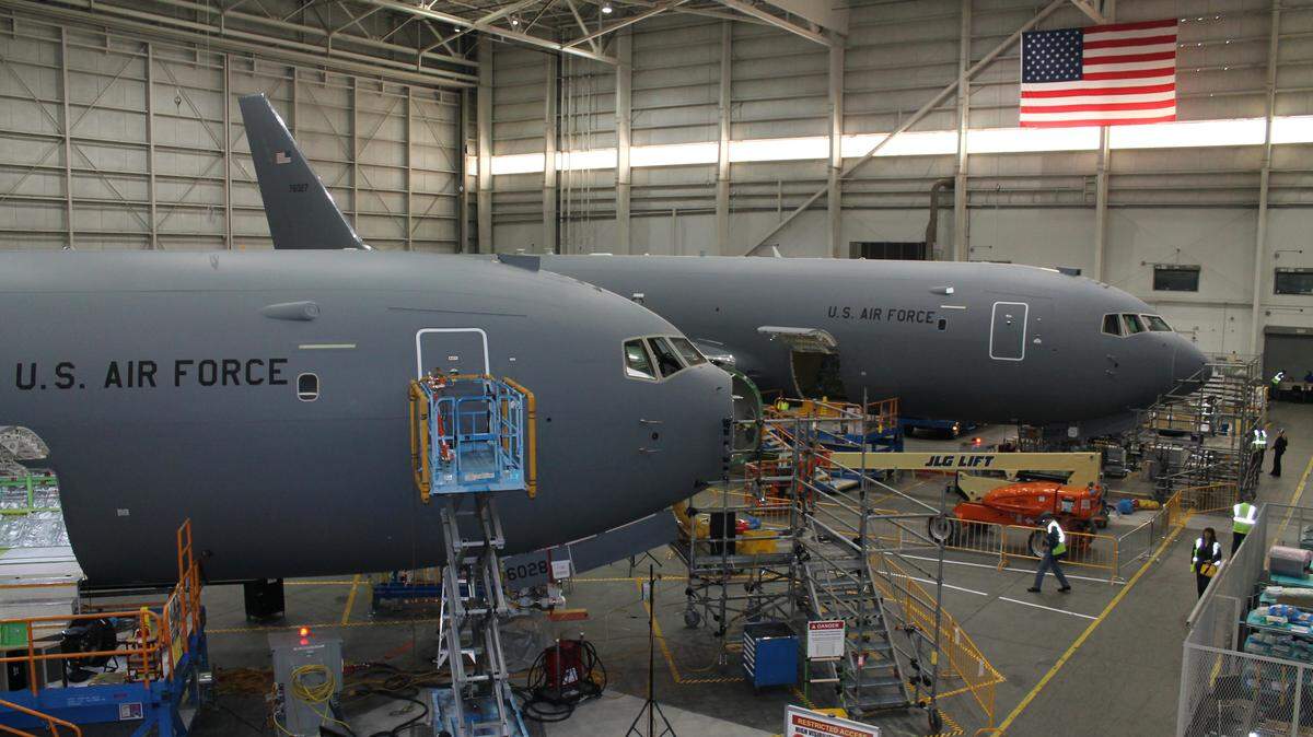 Boeing KC-46A air refueling tankers undergo modification Thursday at the company's Everett Modification Center.