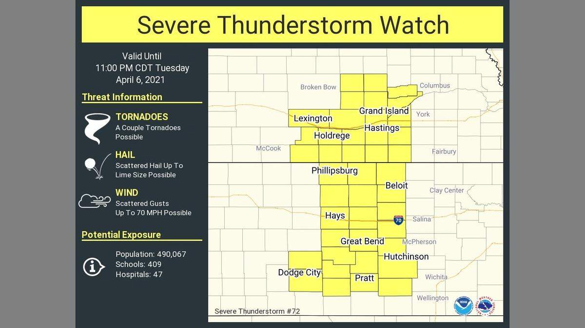 The National Weather Service has issued a severe thunderstorm watch for parts of Kansas and Nebraska through 11 p.m. Tuesday. (April 6, 2021)