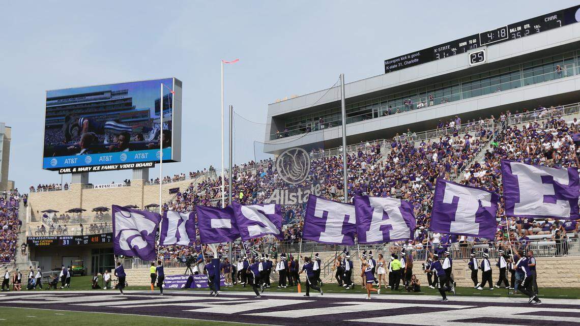 K-State flags on the field after a touchdown (September 9, 2017)
