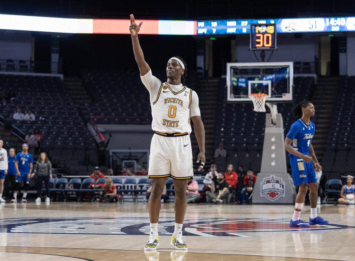 Wichita State Karon Boyd celebrates a three pointer during the second half of their AAC tournament semifinal game against Tulsa on Saturday in Birmingham.
