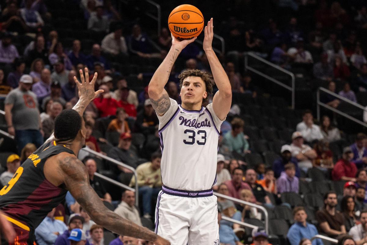 Kansas State Wildcats forward Coleman Hawkins shoots a jumper in the second half of the Big 12 Championship First Round game vs. the Arizona State Sun Devils on Tuesday, Mar. 11, 2025 at T-Mobile Center. Coleman led all scorers with 26 points.