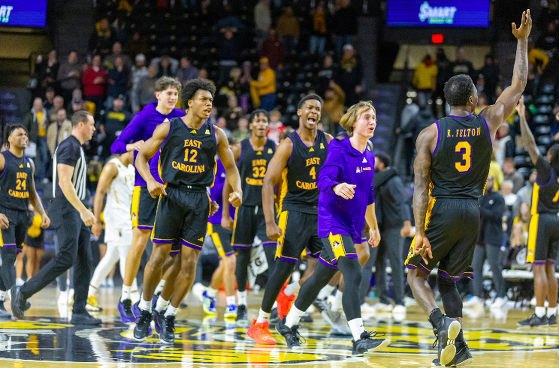 East Carolina’s R.J. Felton waves good bye to the Koch Arena crowd after hitting a game-winner at the buzzer to beat Wichita State in Saturday’s game.
