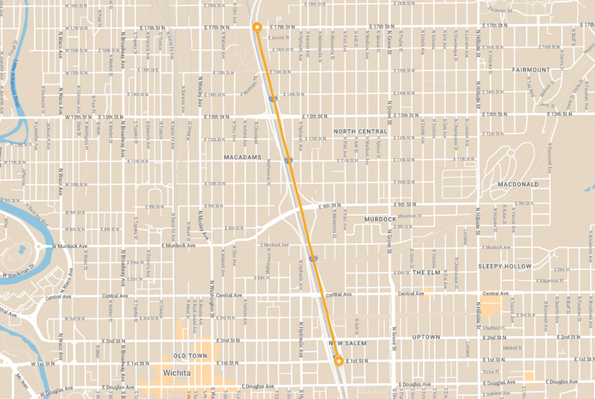 A look at the area of northbound I-135 that will be under construction until early November.