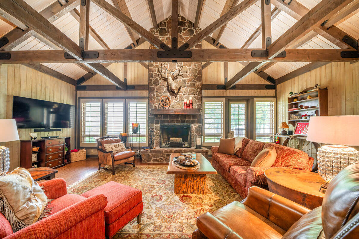 The stone fireplace at Red Rock Ranch.